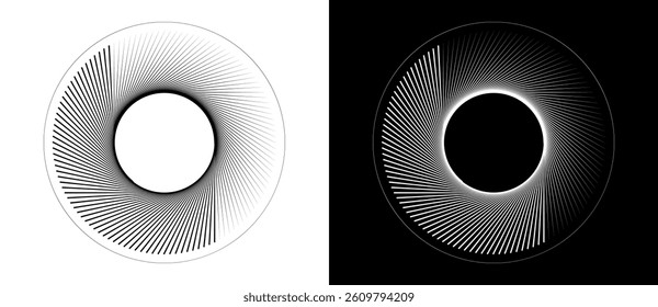 Art sun concept background. Tattoo template or logo with lines. Black shape on a white background and the same white shape on the black side.