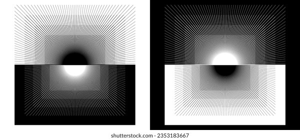 Art Sonnenuntergang Hintergrund. Tattoo Vorlage oder Logo mit Linien. Schwarze Form auf weißem Hintergrund und dieselbe weiße Form auf schwarzer Seite.