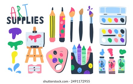 art supplies. Artist's painting supplies hand drawn clip art set. Watercolor palettes, brushes, wooden palette and easel, tubes with acrylic paint, paint palette. vector illustration