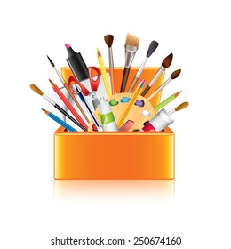 Art Supplies Box Isolated On White Photo-realistic Vector Illustration