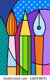 ART supplies brush, pencil, ink modern pop art vector graphic element for your design. Colourful back to school concept illustration. Kids drawing 