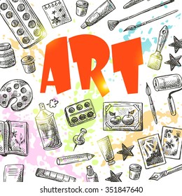 Art supplies card. Hand drawn vector illustration. Can be used for posters, children, preschool, drawing studio, school projects.