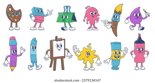 Art supplies cartoon mascot. Funny art school characters, creative pallet, paint, pencil and easel with canvas vector illustration set of school character cute