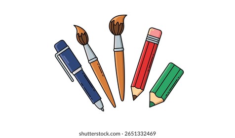 Art supplies collection featuring brushes pens pencils and crayons for creativity