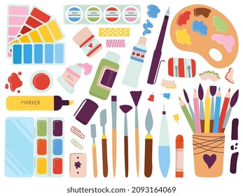 Art supplies collection. Painter brush, palette and craft equipment. Pen for creative drawing, artistic tools and stationery. Creation decent vector kit