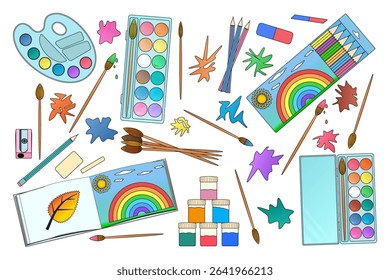 Art supplies collection with watercolor paints, palette, brushes, pencils, sketchbook and abstract paint splashes on white background. Artistic elements set for back to school theme creativity design.