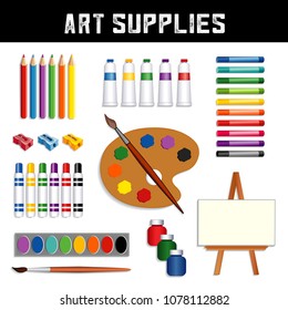 Art Supplies: colored pencils, sharpeners, tubes of paint, oil pastel crayons, felt tip marker pens, watercolors, brushes, artist palette, jars of paint, easel with blank canvas, isolated on white