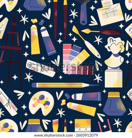 Art supplies and creative tools seamless pattern paintbrushes, palette, easel, paint tubes, and color swatches on a dark background. Flat vector illustration