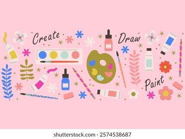 Art Supplies cute Background. Art education wallpaper with line icons of pencil, pen, paintbrush, palette, notebook. Painter supplies design. Paint tube, pencil, crayons, color palette, brushes