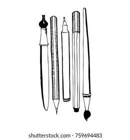 Art supplies doodle vector illustration. Art student or graphic designer tools. Artistic brush, nib, pen, pencil and liner. Black ink handdrawn illustration on white background. Art hobby materials