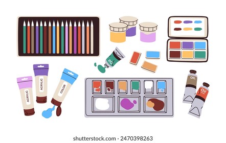 Art supplies, drawing and painting tools set. Pencils in box, paints in jars, tube, case. Aquarelle palette, oil, gouache and acrylic materials. Flat vector illustrations isolated on white background