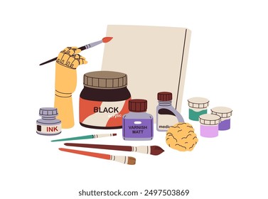 Art supplies. Drawing tools, canvas, paints, painting brush for creative hobby. Acrylic, gouache, ink bottles. Craft materials, painters kit. Flat vector illustration isolated on white background.