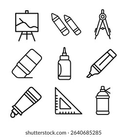 Art Supplies and Drawing Tools Line Icon Set