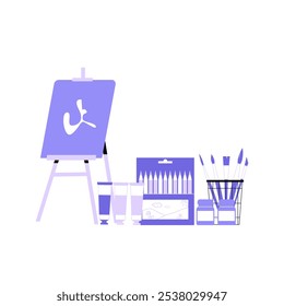 Art Supplies And Easel Setup In Flat Vector Illustration Symbolizing Creative Workspace, Studio Environment, And Artistic Tools, Isolated On White Background.