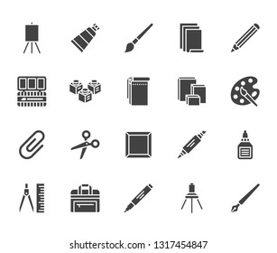 Art supplies flat glyph icons set. Oil paints, watercolor, drawing paper, sketchbook, pallette, stationery vector illustrations. Signs for artistic store. Solid silhouette pixel perfect 64x64.