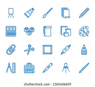 Art supplies flat line icons set. Oil paints, watercolor, drawing paper, sketchbook, pallette, stationery vector illustrations. Thin signs for artistic store. Pixel perfect 64x64. Editable Strokes.