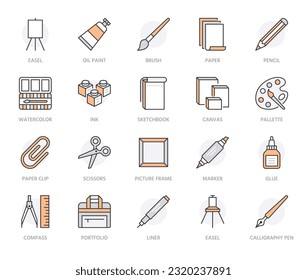 Art supplies flat line icons set. Oil paints, watercolor, drawing paper, sketchbook, pallette, stationery vector illustrations. Thin signs for artistic store. Orange Color. Editable Strokes