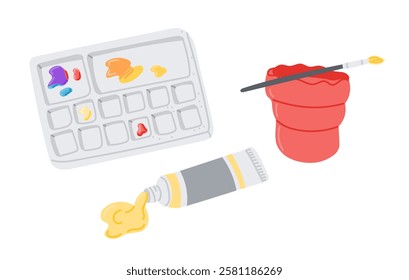 Art supplies illustration with a paint palette with colorful paints, a paintbrush, a red water cup, and a squeezed tube of yellow paint in a flat, minimalistic style. Vector hand drawn illustrations