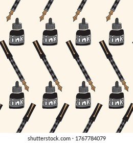 Art supplies, ink pen and bottle of ink on cream background, vector illustration surface design
