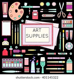 Art supplies isolated on background. Texture effect. Vector illustration of painting and design tools including aerograph, pastel, palette knifes, brushes, paper, calligraphy pens. Design elements.
