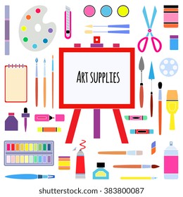 Art supplies isolated on white background. Texture effect. Vector illustration of painting and design tools including aerograph, pastel, palette knifes, brushes, paper, calligraphy pens.