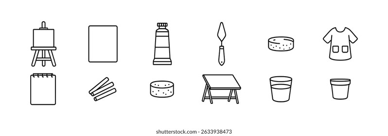 Art supplies line icon set - flat design, drawing tools, artist materials collection