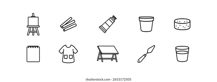 Art supplies line icon set. easel, paint, palette, brush, canvas icons line collection