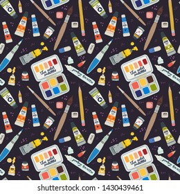 Art Supplies On Dark Background With Doodles Seamless Pattern. Repeated Handdrawn Paint Tube, Brush, Pencil, Rubber, Color Palette And Masking Liquid. Cartoon Wallpaper With Drawing And Painting Tools