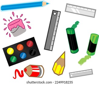 Art supplies. Paint, crayons, pencils, rulers, paint bucket. Back to school concept. Vector illustration of school supplies
