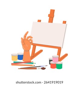 Art supplies for painting: paints, brushes, easel with white canvas, pencils, hand model. Hobbies, drawing, creativity. A flat vector. Isolated.