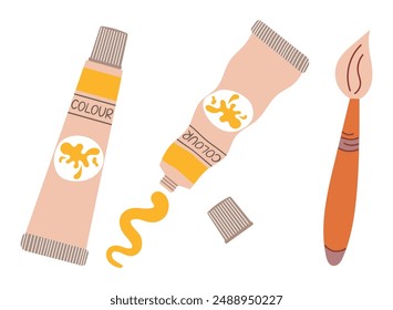 Art supplies for painting. Tube of paint, brushes, brush strokes. Back to school. Oil paint. Flat style