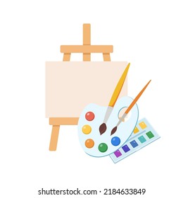 Art supplies. Paints, brushes, watercolor, palette, easel cartoon flat vector illustrations. Painting tools items