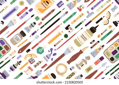 Art supplies pattern. Seamless background with paints, brushes, pencils. Repeating print with artists stationery for painting, painters accessories. Colored flat vector illustration for wrapping