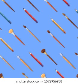 Art supplies, pencils and brushes on a blue background. Seamless vector pattern.
