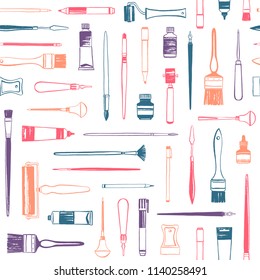 Art supplies, printmaking tools, artist equipment seamless vector pattern. Flat lay illustration, colorful background. Uneven hand drawn brush, pen, marker, roller, cutter, crayon, paint tube.