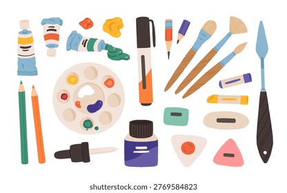 Art supplies and school tools set with paint tubes, palette, brushes, pencils, markers, ink bottle and palette knife. Flat vector illustration of creative drawing and back to school items
