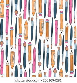 Art supplies seamless pattern. back to school repeated print with pencils, pens, brushes, crayons. School supplies, stationery pattern. EPS 10