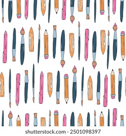 Art supplies seamless pattern. back to school repeated print with pencils, pens, brushes, crayons. School supplies, stationery pattern. EPS 10