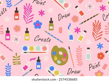 Art Supplies Seamless Pattern Background. Art education wallpaper with line icons of pencil, pen, paintbrush, palette, notebook. Painter supplies. Paint tube, pencil, crayons, color palette, brushes