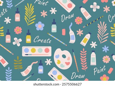 Art Supplies Seamless Pattern Background. Art education wallpaper with line icons of pencil, pen, paintbrush, palette, notebook. Painter supplies. Paint tube, pencil, crayons, color palette, brushes