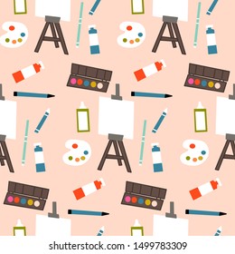 Art supplies in a seamless pattern design, perfect to use on the web or in print, for surface design