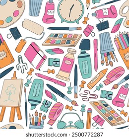 Art supplies seamless pattern with doodles for wallpaper, wrapping paper, scrapbooking, stationery, packaging, textile prints, etc. EPS 10