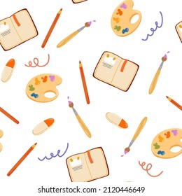 Art supplies seamless pattern. Drawing items, palette of paints, brushes, notepad, pencil, eraser. School background. Perfect for wallpaper, texture concept design. Vector illustration