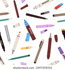 Art supplies, seamless pattern. Drawing and writing tools, endless background. Calligraphy and lettering pens, pencils, stationery, repeating print design for wrapping. Flat vector illustration