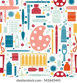 Art Supplies Seamless Pattern In Flat Style. Colorful Design For Background, Wrapping Paper, Textile. Silhouettes Of Painting Tools And Objects, Palette, Brushes, Paints.