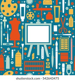 Art supplies seamless pattern in flat style. Colorful design for background, wrapping paper, textile. Silhouettes of painting tools and objects, palette, brushes, paints.