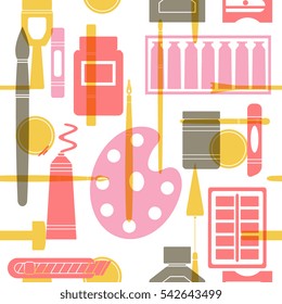 Art supplies seamless pattern in flat style. Colorful design for background, wrapping paper, textile. Silhouettes of painting tools and objects, palette, brushes, paints.