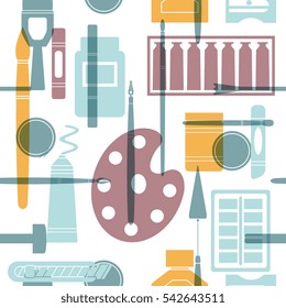 Art supplies seamless pattern in flat style. Colorful design for background, wrapping paper, textile. Silhouettes of painting tools and objects, palette, brushes, paints.