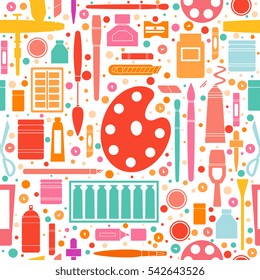 Art Supplies Seamless Pattern In Flat Style. Colorful Design For Background, Wrapping Paper, Textile. Silhouettes Of Painting Tools And Objects, Palette, Brushes, Paints.