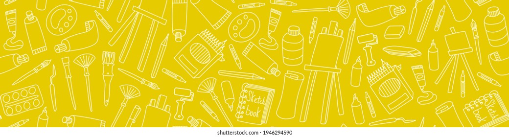 Art supplies seamless pattern. Hand drawn tools for painters on yellow background. Vector illustration.